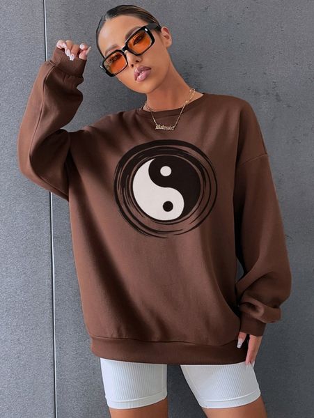 

yin & yang print drop shoulder sweatshirt v6gk#, White;black