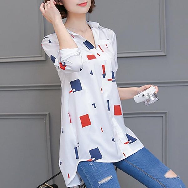 

2021 print summer long chiffon floral printed blouse shirt women elegant plus size 4xl loose ladies blouses blusas female 0.17kg, White