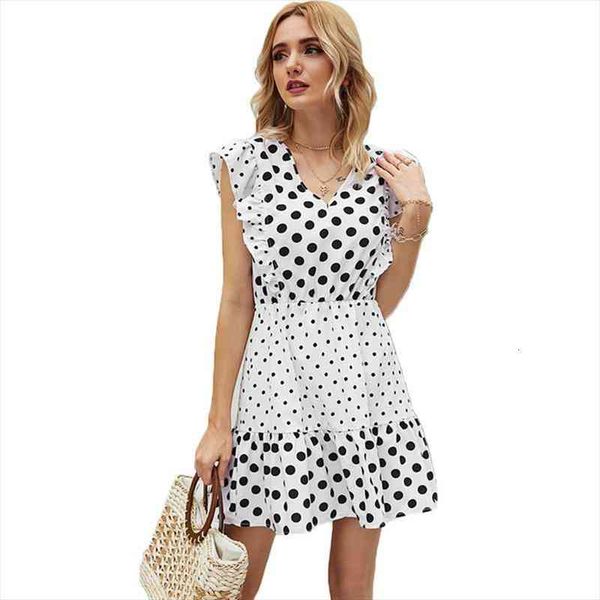 

casual white polka dot print summer women dress patchwork ruffles v-neck sleeveless chiffon mini dresses for women vestidos, Black;gray