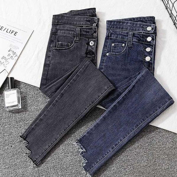 

zoki elastic high waist jeans spring skinny ankle-length denim pants fashion slim single breasted cotton black pencil jean 20201, Blue