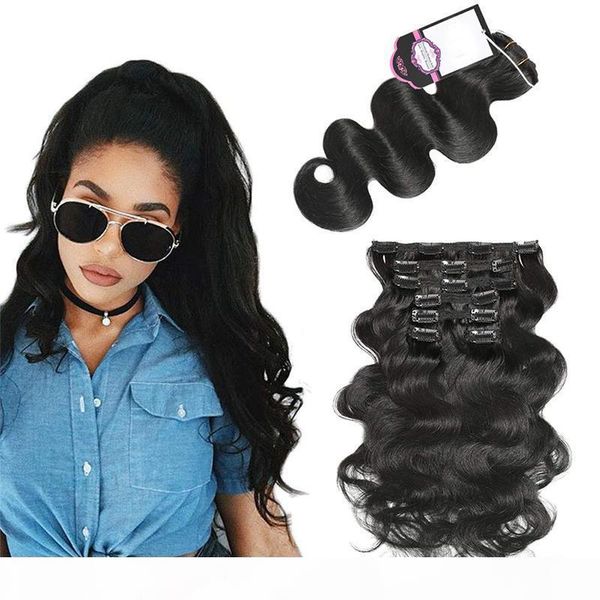 

body wave human hair clip in extensions for women dark brown clip in hair extension black color hair 14-22 inch, Black;brown