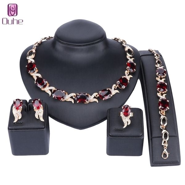 

ouhe wedding gold color red crystal trendy jewelry sets party women african beads bridal necklace earrings accessories 201222, Slivery;crystal