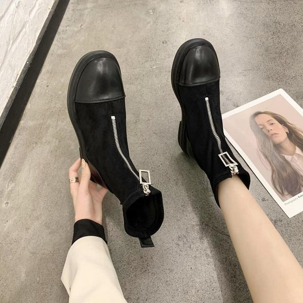 

boots booties ladies rock shoes woman low heels booties boots-women luxury designer round toe 2020 fashion mid-calf mid, Black