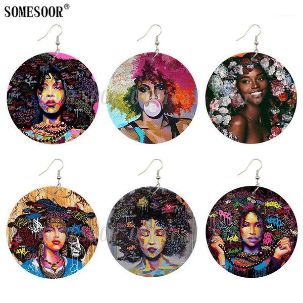 

somesoor afro dope graffiti natural hair wooden drop earrings bubble gum girl black art painted round pendant for women gifts1, Silver
