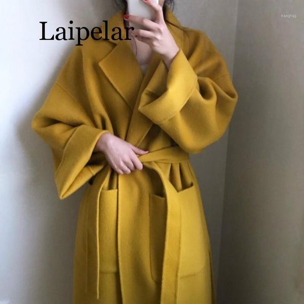 

laipelar women elegant winter cashmere overcoat long bandage woolen coat cardigan loose plus size1, Black