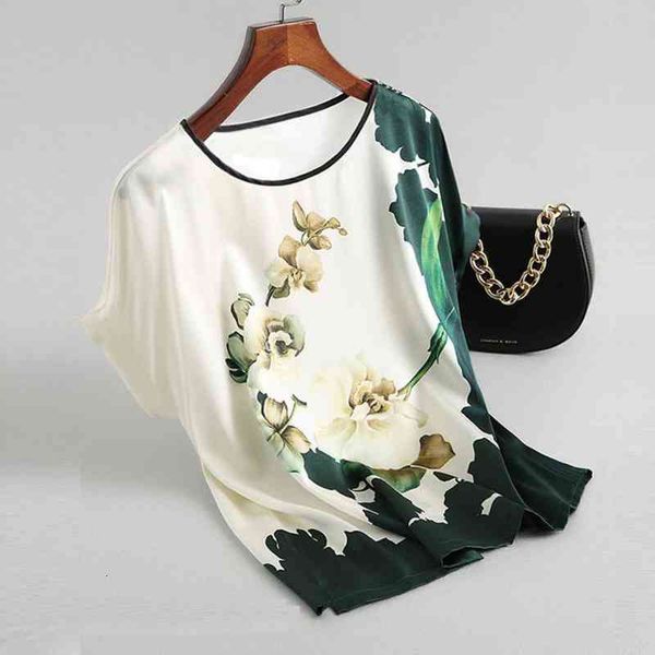 

summer t-shirt floral cool plus size women elegant floral print t-shirt ice silk fabric retro print female t-shirts, White