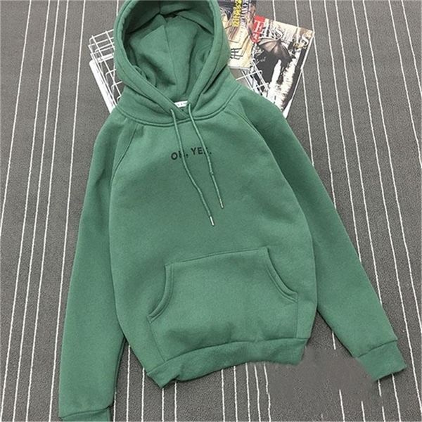 

fsdhion autumn winter fleece oh yes letter harajuku print pullover thick loose women hoodies sweatshirts female casual coat 201216, Black