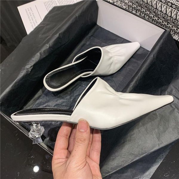 

slippers 2021 summer white pu leather ladies dress shoe women's slip on pointed toe crystal small heels mules shoes woman slides1, Black