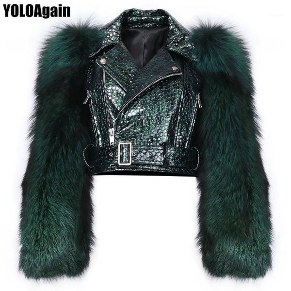 

yoloagain women natural fur sleeve crocodile pattern shiny green genuine leather biker jacket short 952-361, Black