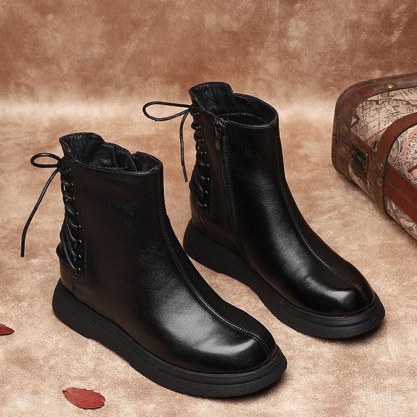 

fashion women's leather high-casual boots autumn winter new comfortable soft heel lace-up design short boots, Black