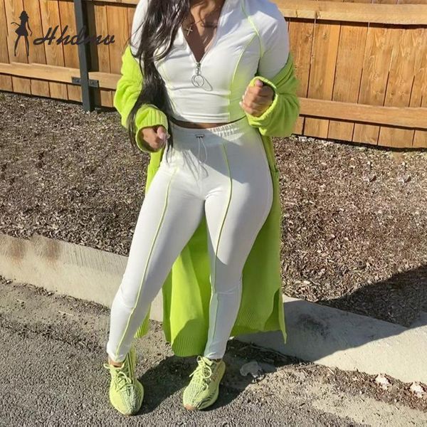 

2020 spring casual soft regular fashion solid turtleneck full sleeve long pants slim tracksuits women 2 piece set1, White