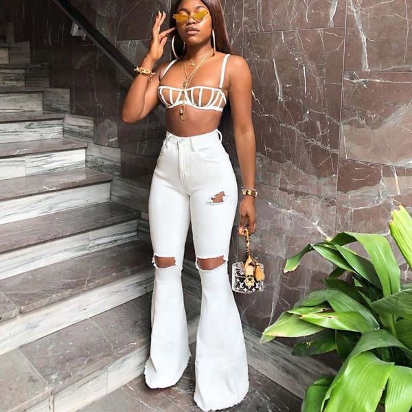 

vintage hole woman flare jeans fashion ripped long female denim trousers high waist bleached mom flare pants s-2xl, Blue