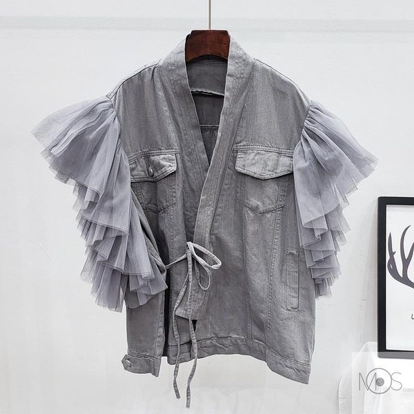 

2021 fashion denim jacket sleeveless trendy girls european style loose type lace up short jean patched gauze shirt, Black;brown