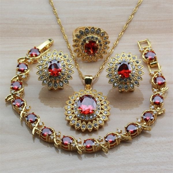 

dubai yellow gold color big jewelry wedding accessories women red garnet zircon clip earring and necklace bridal sets 201222, Slivery;crystal