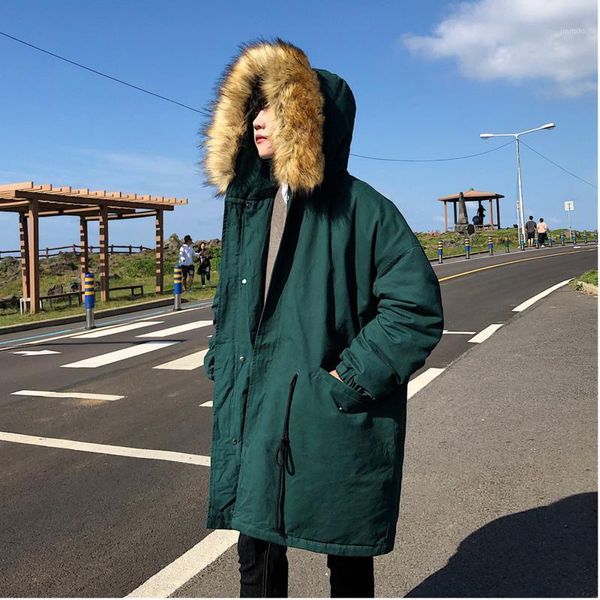 Мужской вниз Parkas 2021 Зимний корейский стиль толстый длинная секция потеряла большой меховой воротник с капюшоном.