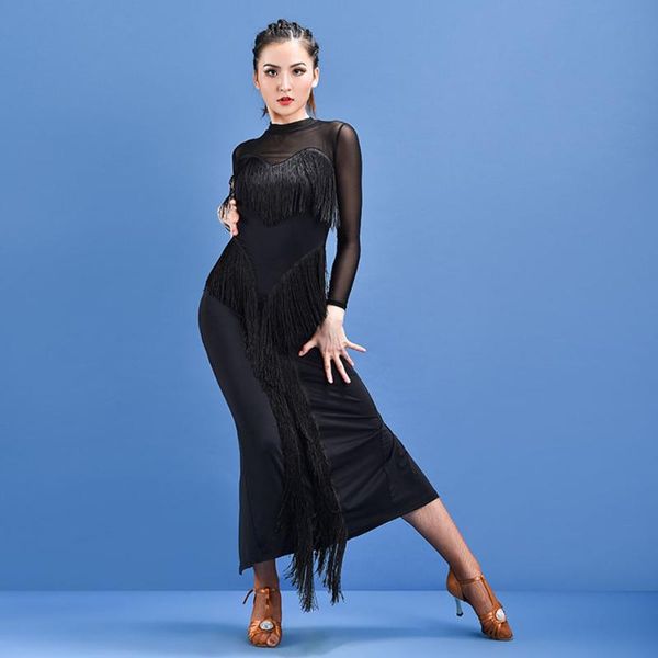 

stage wear latin dance dress women long sleeve for ballroom samba tango chacha dancing performamnce ss009, Black;red