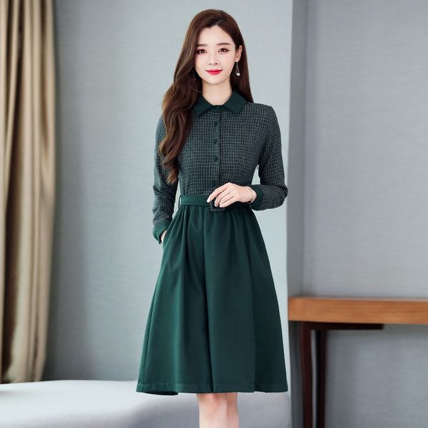 

plaid tweed dressshirt dress dress long sleeve fall winter 2019 new korean style with waistline and thin bottom shirt collar skirt yspiy ysp, Black;gray