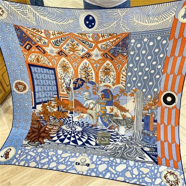 

egypt owl printing 30% silk 70% cashmere blended scarf hand rolled edges 140*140cm shawls wrap 55x55 y201007, Blue;gray