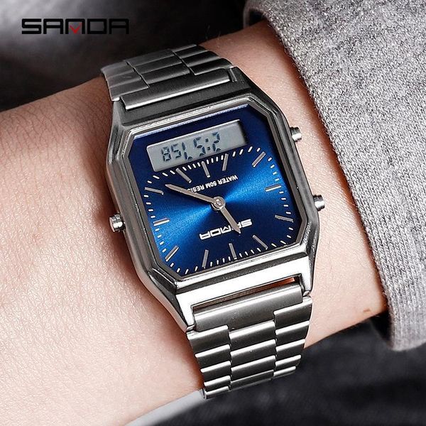 

2020 nieuwe sanda mannen horloges retro rvs band digitale display erkek kol saati zegarek damski relogios horloges1, Slivery;brown