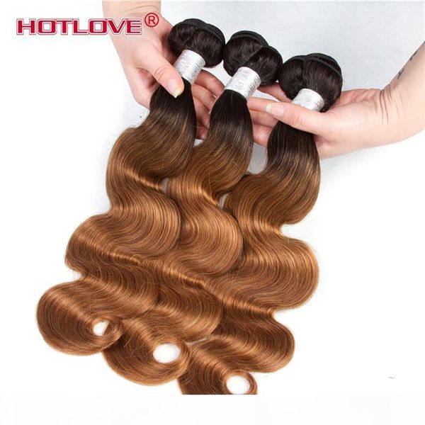 

peruvian ombre hair body wave 3 bundle hair with lace closure with baby hair two tone color 1b 30 dark root brown ove, Black;brown