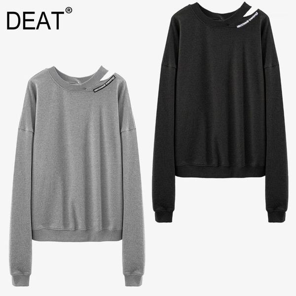 

deat 2021 spring new fashion round collar long sleeve off shoulder solid color street simple loose pullover sweatshirt 04031, Black