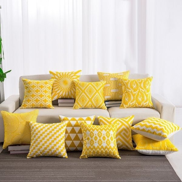 Caso moderno do travesseiro do bordado Quadrado Último Último Travesseiro de Cor Amarelo Brilhante 45 * 45cm Algodão Throw Coxim Casa Decoração Y200104