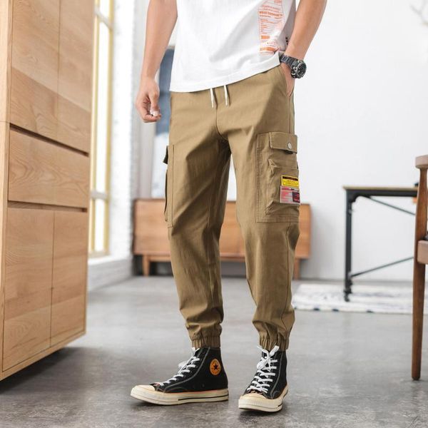 

m-5xl plus size mens elastic waist cargo pants with zipper pockets men clothing 2021 streetwear workout ankle pants men casual, Black