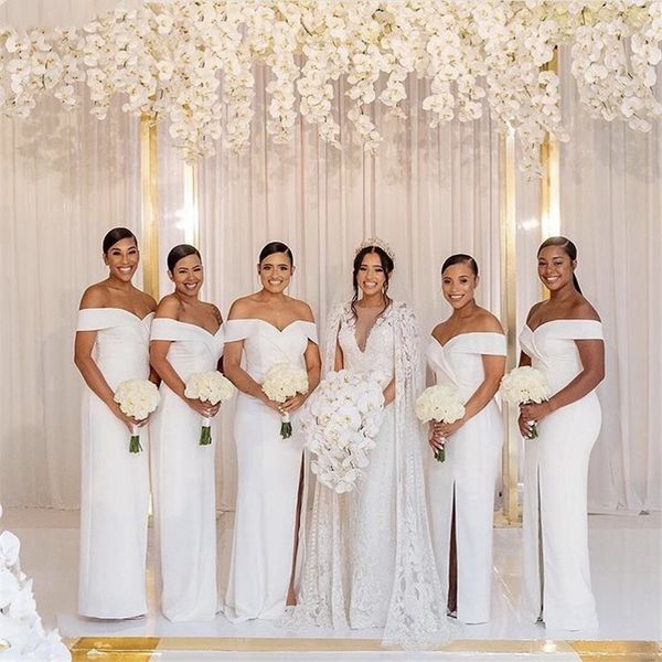 

simple white satin long bridesmaid dress new 2021 off shoulder floor length side split bridesmaids dresses wedding party guest dress prom, White;pink