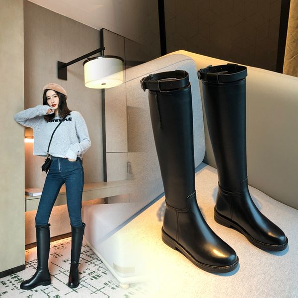 

winter genuine leather women knee high boots party night club shoes woman buckle ladies long riding boots size 41 42 43 lj201130, Black