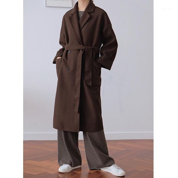 

casual wide-waisted long woolen winter coats solid single breasted wool coat and jacket turn-down collar pockets ladies coats1, Black