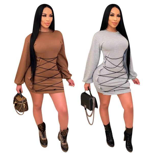 

women bandage tshirt dress lantern sleeve crew neck skinny bodycon dresses ladies solid color clothes, Black;gray