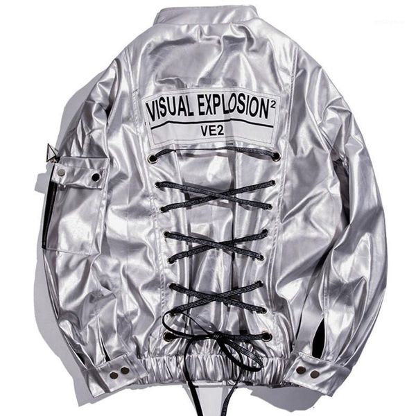 

glossy silver hip hop jacket men autumn winter faux leather bomber jacket men bandage leather windbreaker1, Black