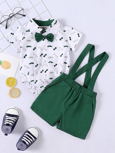 

baby boy moustache print bow shirt bodysuit with straps shorts she, White