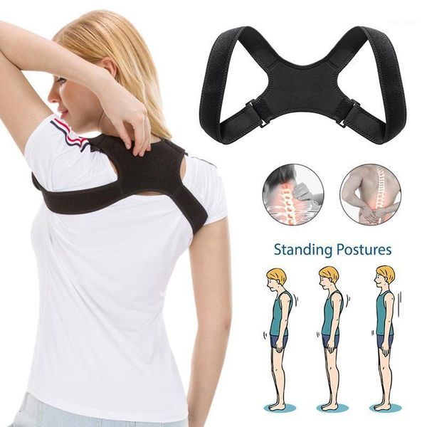 

back support brace belt adjustable posture corrector clavicle spine shoulder lumbar correction for unisex1, Black;blue