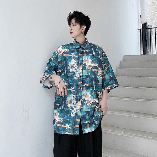 

new male japan korea style streetwear fashion beach shirts men summer vintage print short sleeve casual shirt1, White;black