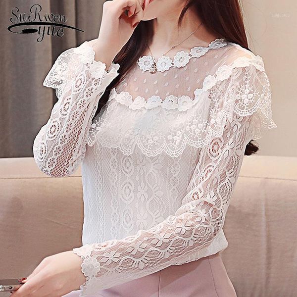 

women and blouses hollow lace blouse shirt fashion women blouses 2019 long sleeve ruffles lace shirts 2624 501, White