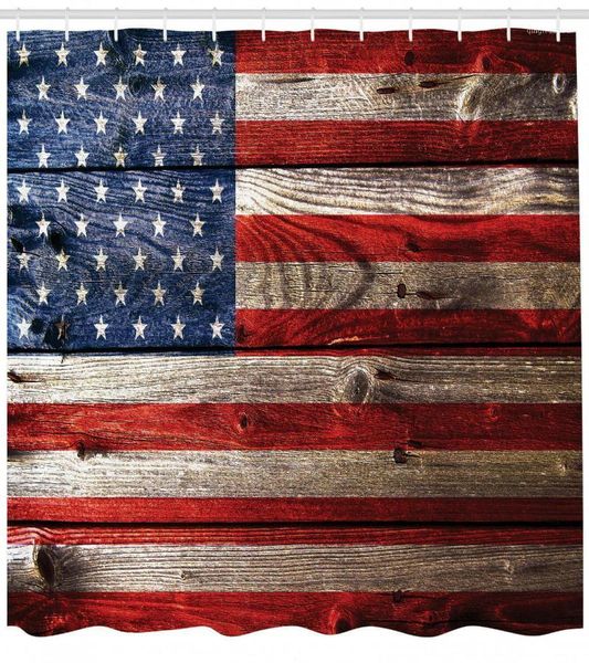 

country emblem painting on weathered retro wooden looking print shower curtain1
