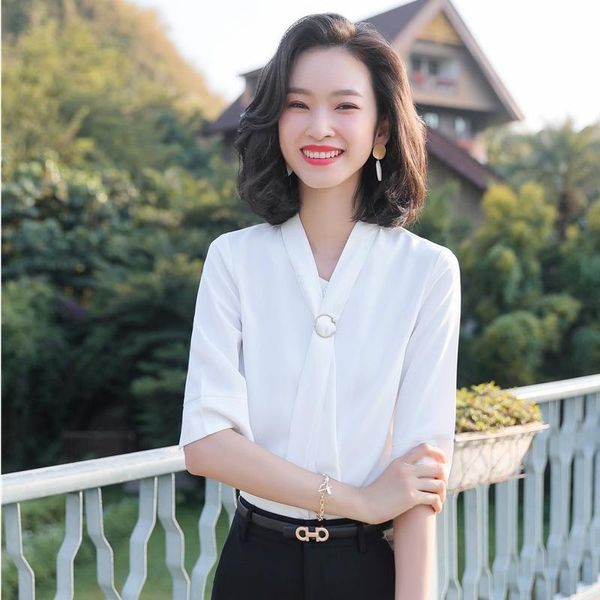 

fashion women blouses & shirts white half sleeve v-neck office work wear clothes