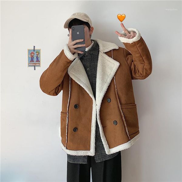 

2019 winter new fur one piece coat fashion casual lambskin lapel double breasted cotton jacket yellow black white brown1