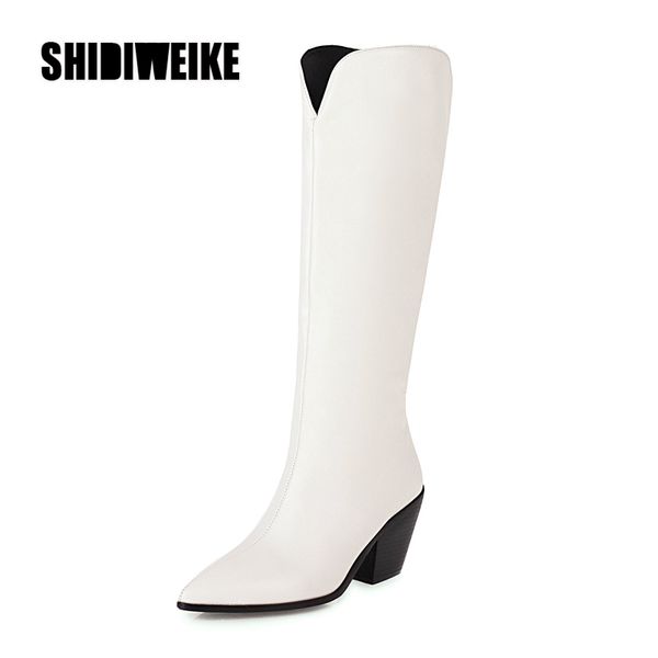 

western boots women knee high knee-high boots fashion pointed toe sewing shoes female high heels thick shoes woman v338, Black