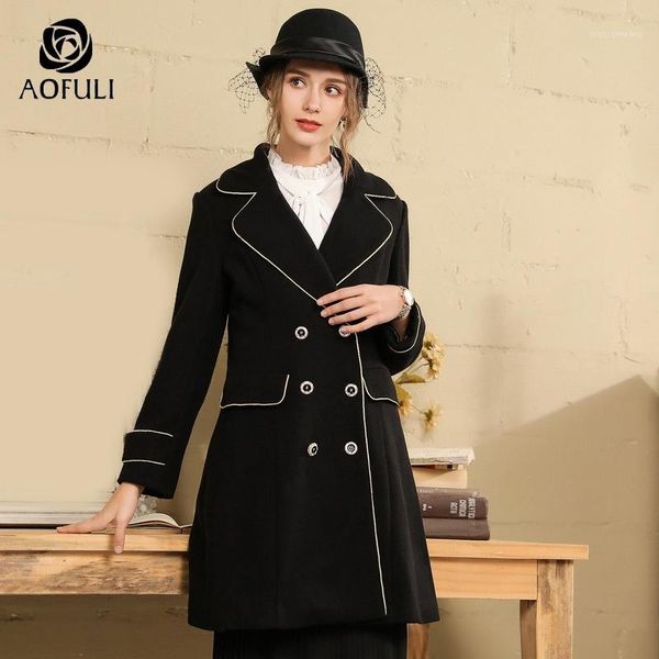 

aofuli m- xxl xxxl england style women coat big size winter notched collar double-breasted long sleeve overcoat a38341, Black