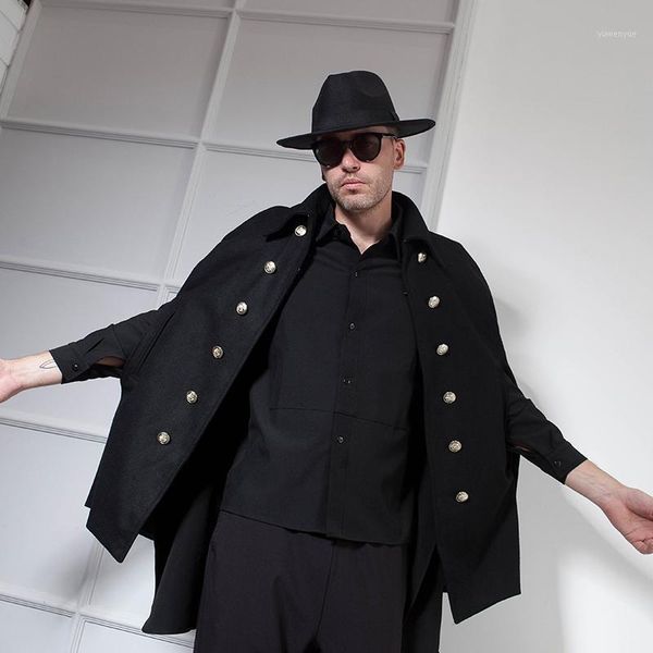 

european and american men's autumn and winter woolen coat bat shirt male cape shawl cape woolen coat double-breasted lapel1, Black
