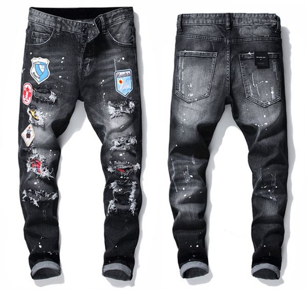 

mens jeans hip hop pants stylist jeans distressed ripped biker jean slim fit motorcycle biker denim brand men jeans, Blue