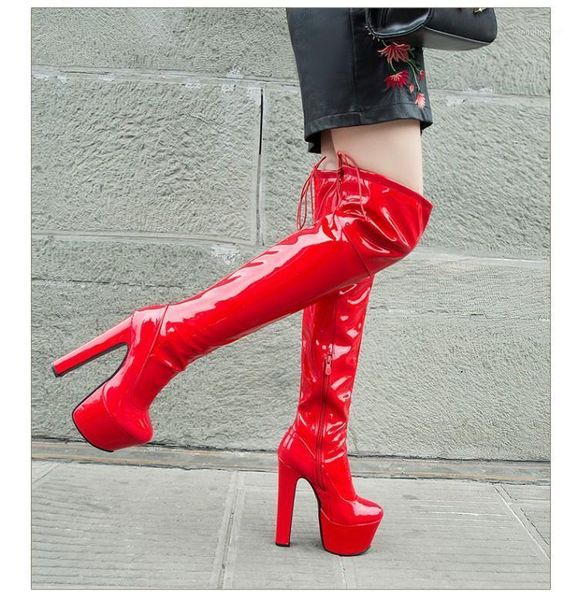 

women platform over the knee boots 17cm super high heels red patent leather long boots woman 2020 winter black shoes8961