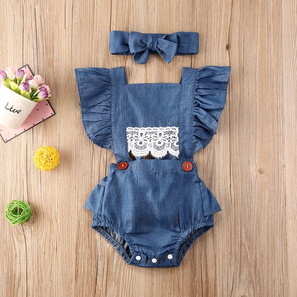 

pudcoco newborn baby girl clothes solid color sleeveless ruffle lace flower denim romper jumpsuit headband 2pcs outfits sunsuit 201028, Blue