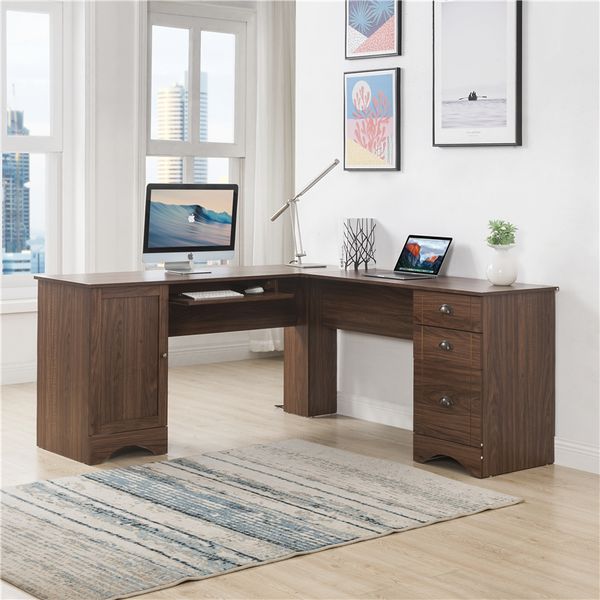 

us stock l-shaped desk modern corner computer table with three drawers and hidden storage space shelves office desk