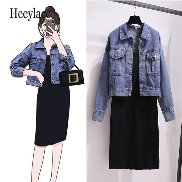 

2020 korean long sleeved denim jeans cardigan coat and black sheath mini vest vestidos two piece sets casual suit dress1, Gray