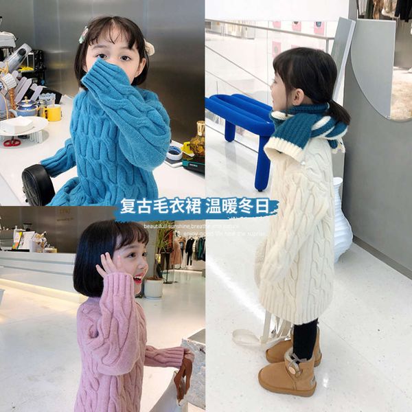

wear girls' twist wool drs horse winter korean round neck sweater children's medium length knitted top, Blue