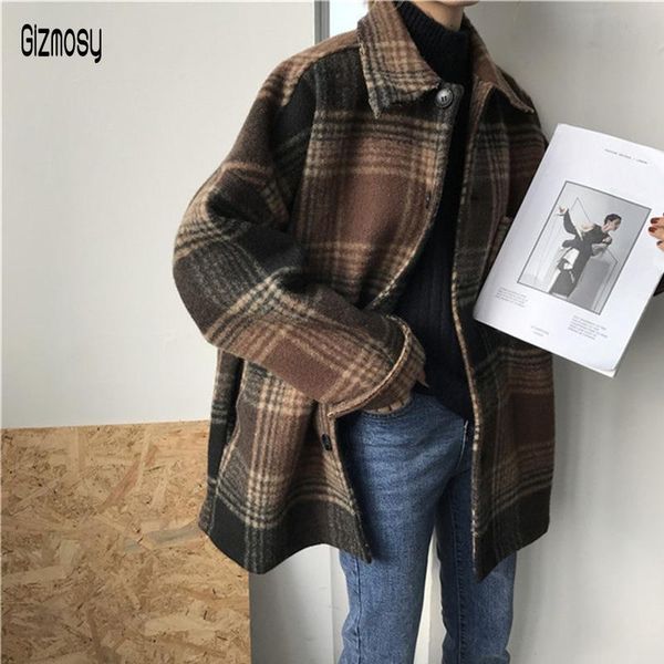 

women's wool & blends 2021 women autumn winter plaid woolen coat loose vintage casual lapel long sleeve ladies pocket outwear ca6541, Black