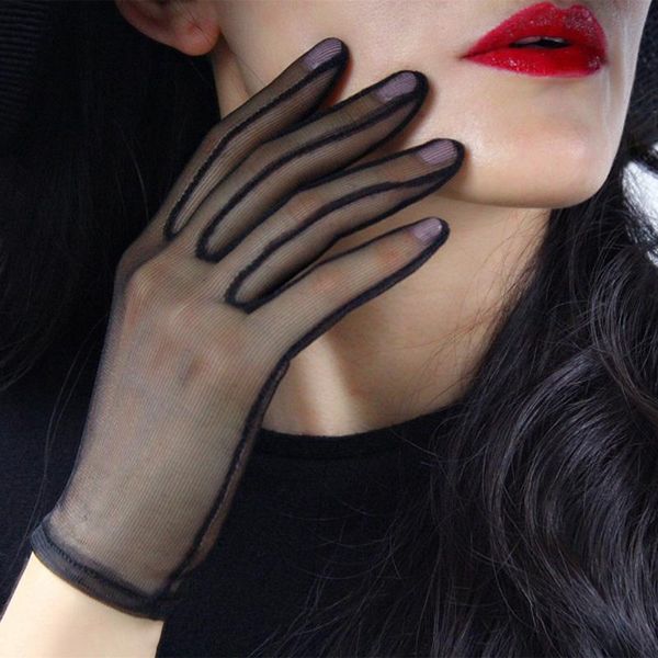

five fingers gloves black silk short women summer lace mesh gauze ultra thin vintage elegant opera transparent party glove, Blue;gray